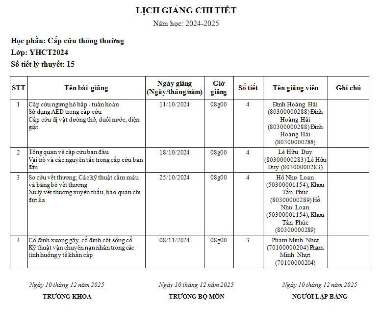 Lịch giảng chi tiết